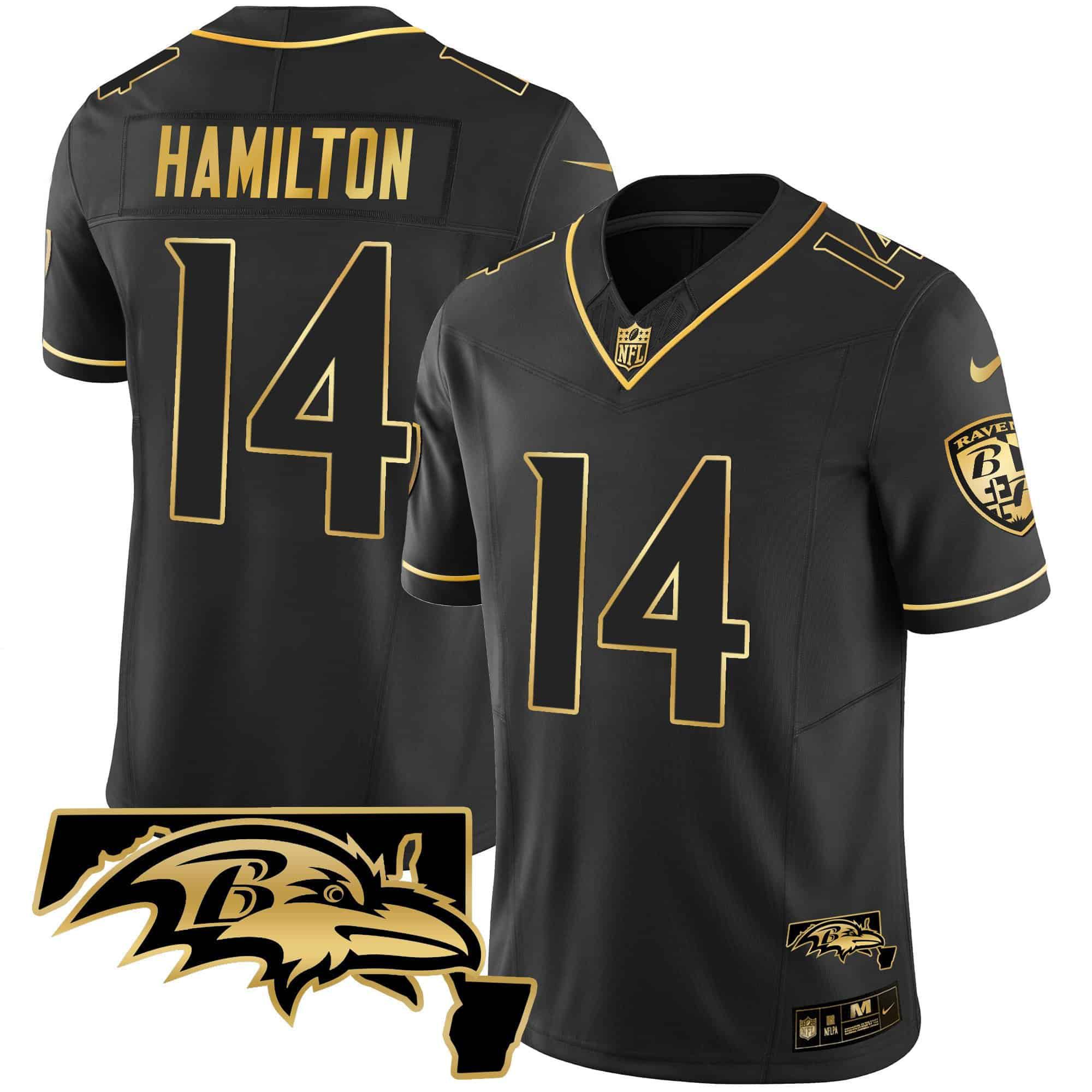 Men Baltimore Ravens #14 Hamilton Black Gold 2024 Nike Maryland Patch Vapor Limited NFL Jersey style 2